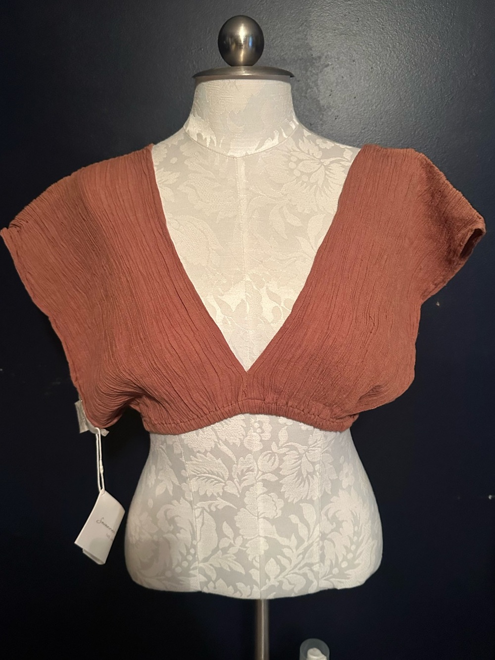 Savannah Morrow Organic Cotton Deep V Crop Top NWT | Cinnamon Brown Medium